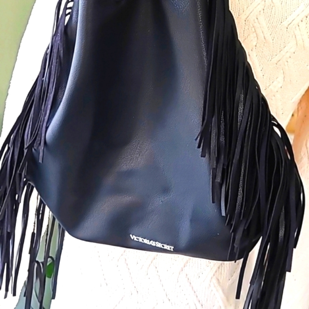 Victoria's Secret Backpack Sling Bag Black Vegan Leather Fringe Boho like New